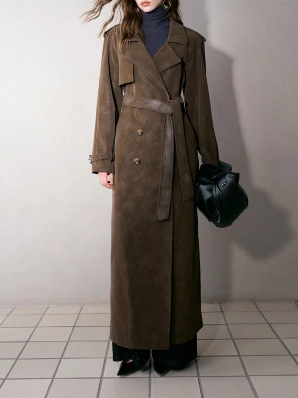 Brown Faux Leather Long Trench Coat with Belt